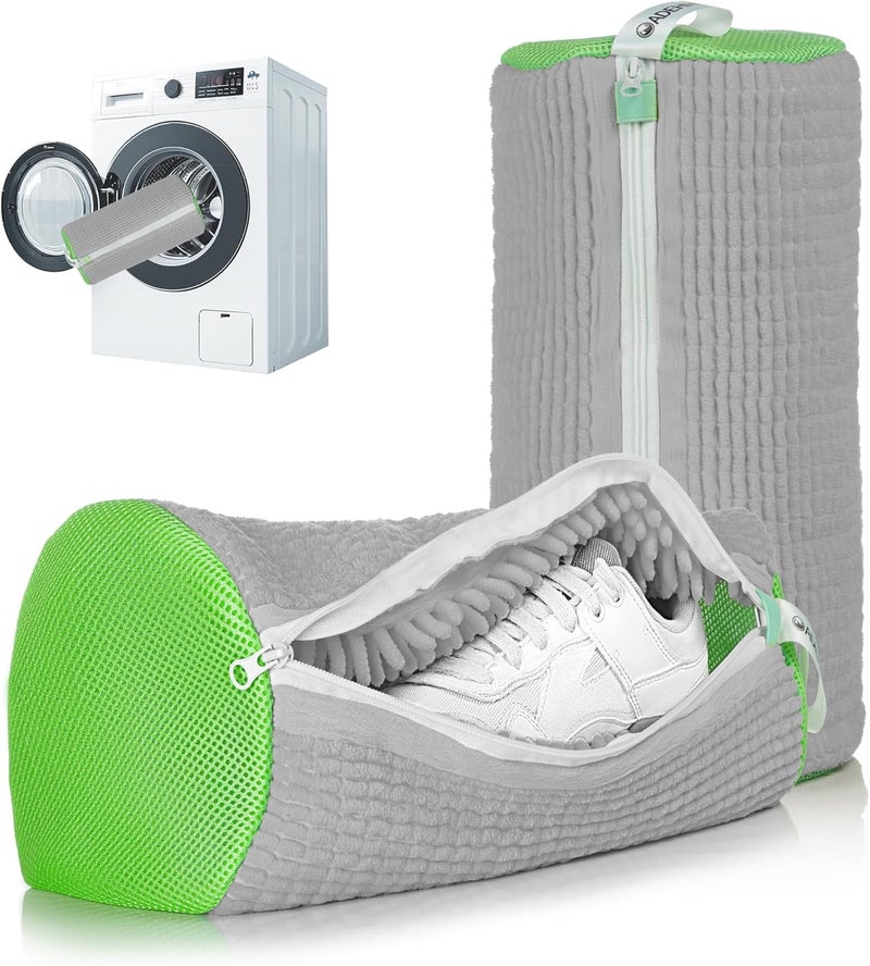 ADEHMDA 2Pcs Shoe Washing Machine Bag, Sneaker Laundry Bag for Washing Machine, Extra Long and Thick Microfibre Fluff, Reusable for Washer and Dryer (2pcs, Greyish Green) - Image 1